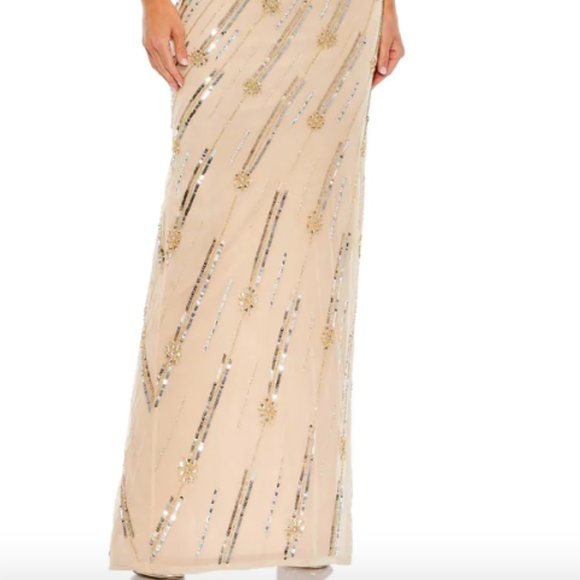 MAC DUGGAL ROSETTE SEQUIN CRYSTAL ONE SHOULDER NUDE GOLD GOWN sz 12 - Picture 6 of 8